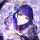 Illustration of Baal from Genshin Impact pulling a magic sword from her chest